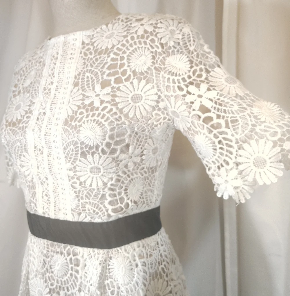 Lady Sharpely Maxi Dress, Vintage,White Lace Beige Lining, ZipUp, Short Sleeve,2 - Picture 7 of 14